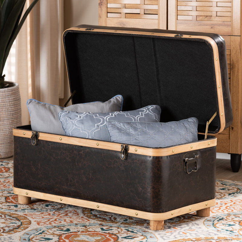 Dark Brown Faux Leather Tufted Storage Footstool with Oak Wood Bands