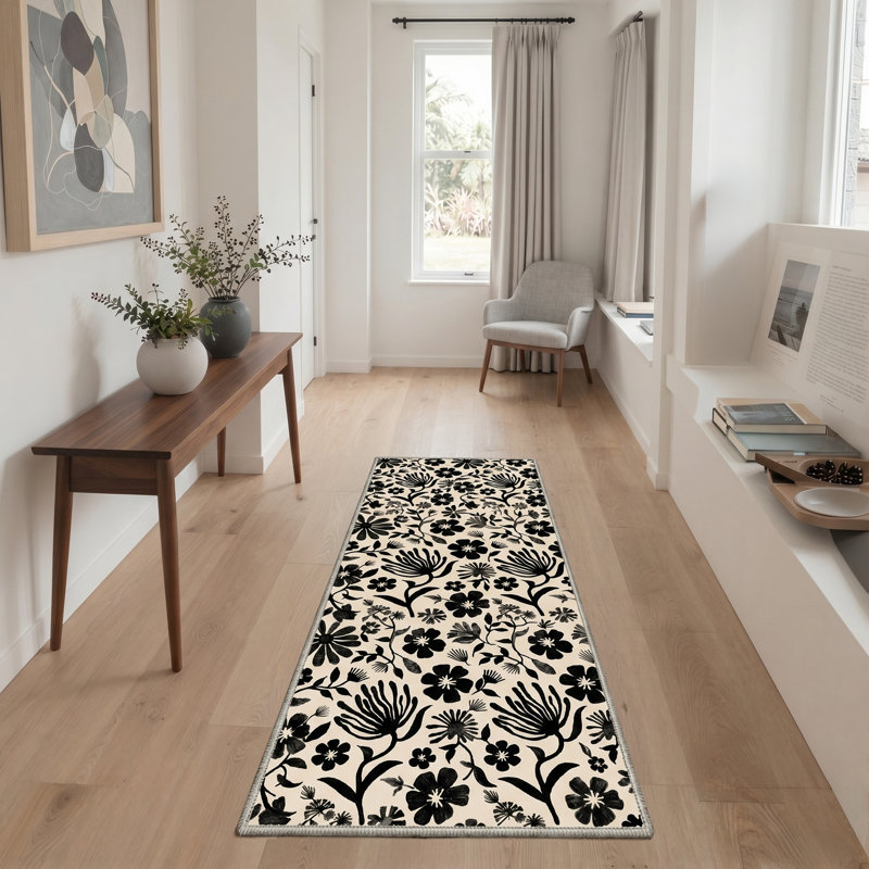 Abrahamson Veridiana Floral Machine Washable Beige / Black Indoor Area Rug with Non-Slip Backing, Runner 2'3" x 6'