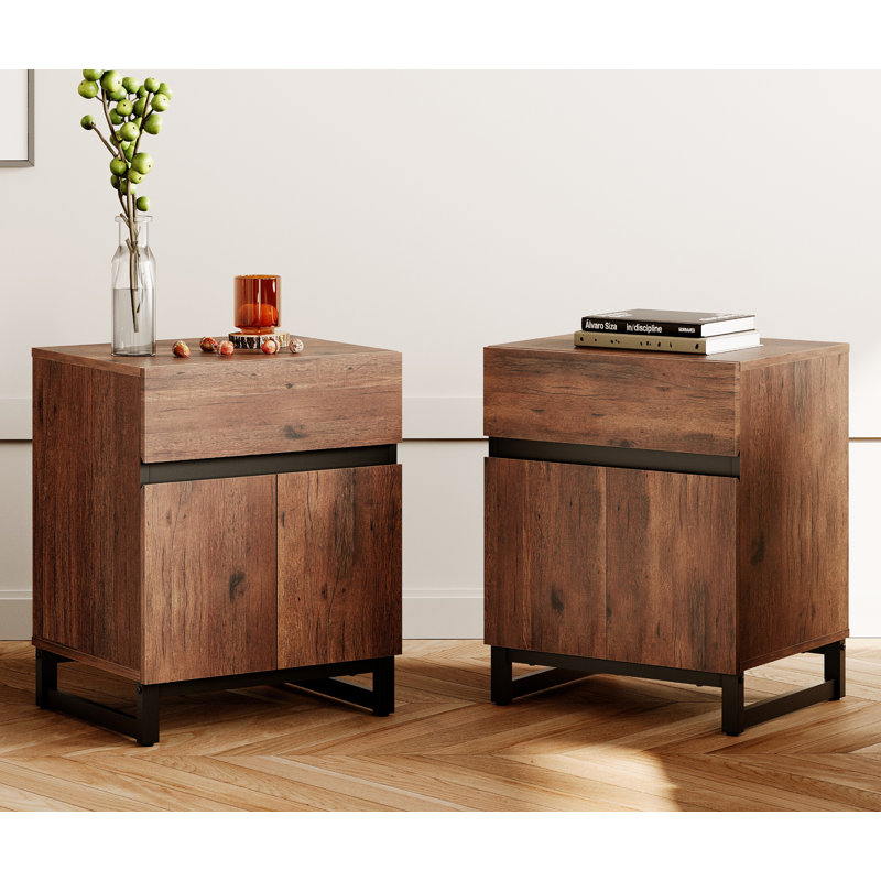 Table de bout moderne 2 pièces avec 1 tiroir et 1 armoire de rangement Aadam, Brun