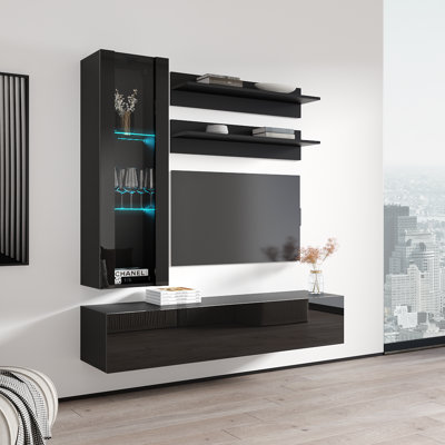 Visser 63" Modern Floating Wall Mounted Entertainment Centre with 16-Colour LED Lighting, High Gloss Finish
