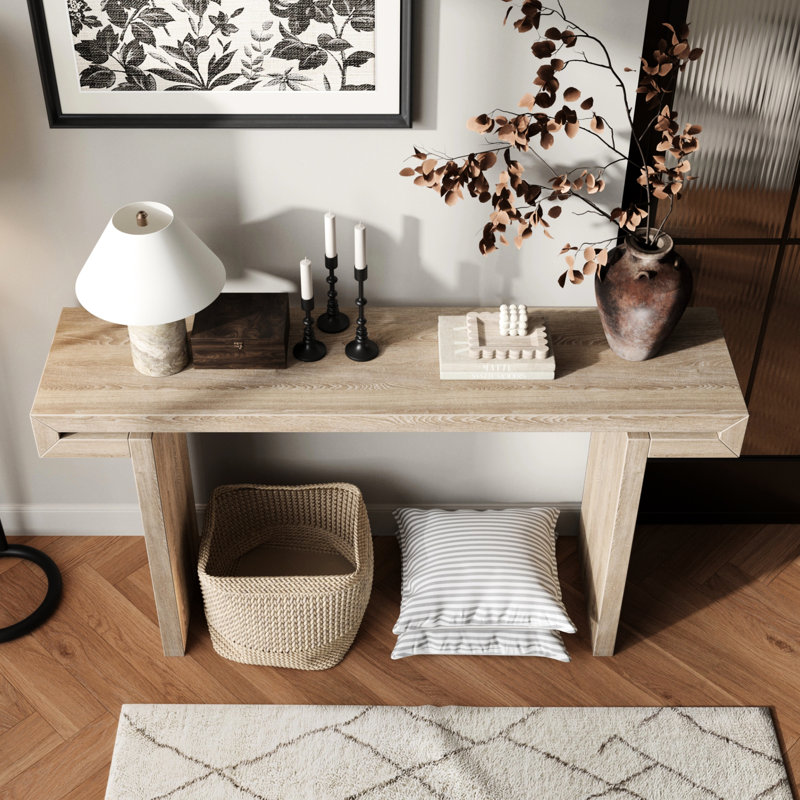 Console rustique en bois naturel de 60 pouces pour le côté et le vestibule - aspect vieilli, plateau allongé, profil étroit, hauteur standard, base en forme de H avec style de finition