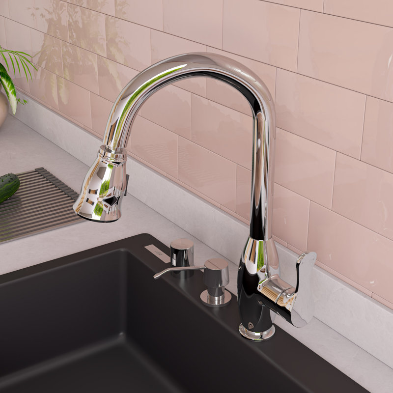 Robinet de cuisine rétractable à poignée simple avec douchette latérale, Chrome poli