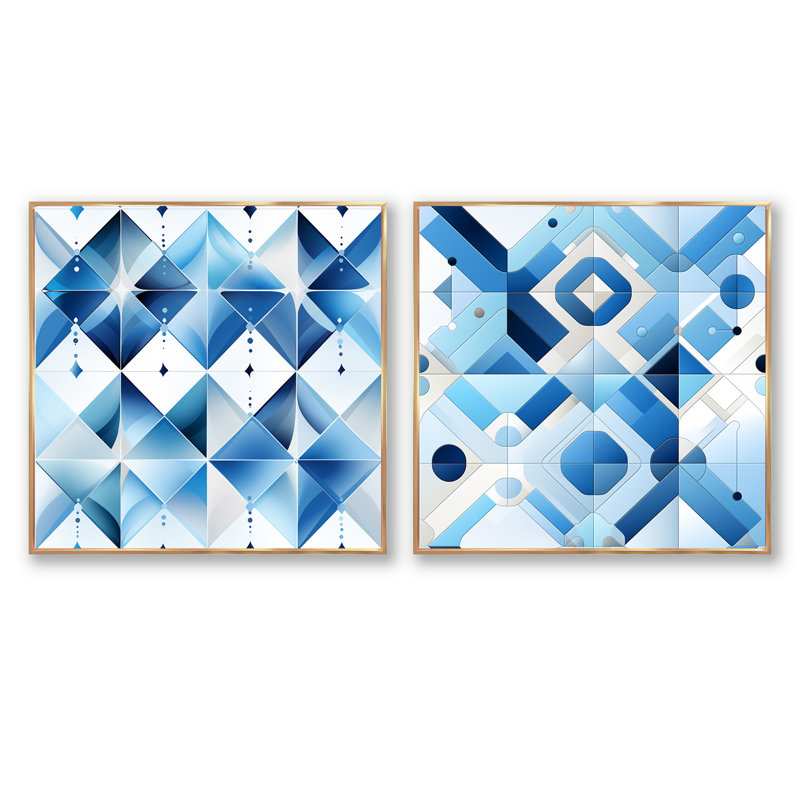 Crago - Ensemble de 2 collages carrés à formes abstraites, H 16 po x l 33 po, Cadre flottant doré