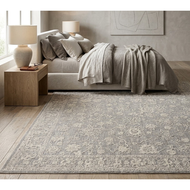 Tapis floral en polyester Mulay, Rectangle 10 pi x 14 pi 1 po, Argent