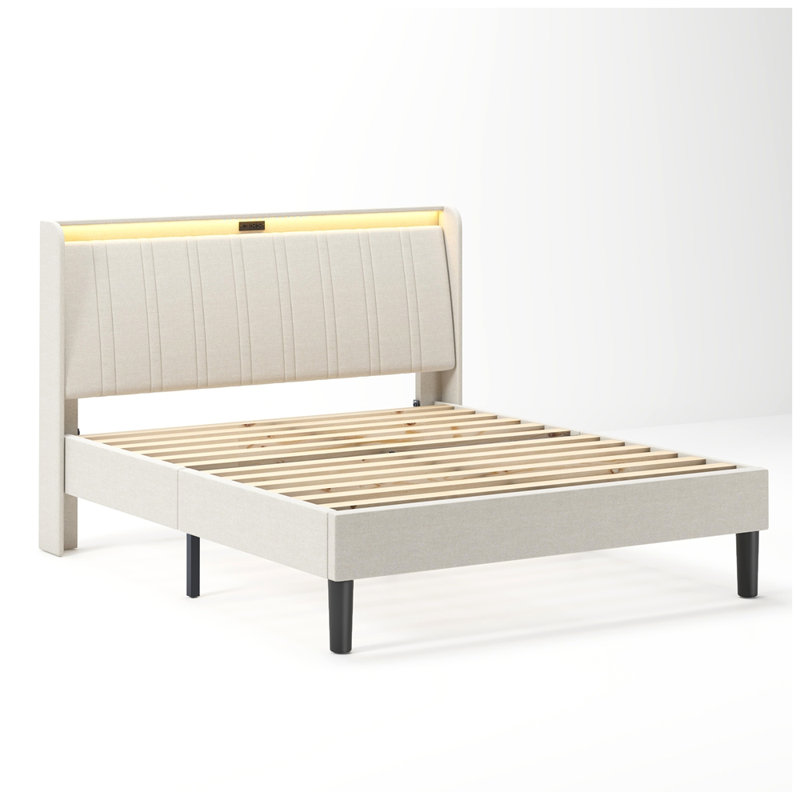 Base de lit plateforme moderne avec tête de lit tapissier et support à lattes en bois, Grand