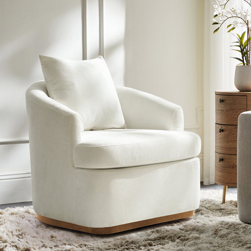 Fauteuil demi-tonneau pivotant en chenille moderne l 31 po Berklie avec accoudoirs uniques et pieds en bois massif