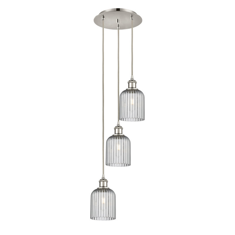 Luminaire suspendu en grappe à 3 lumières Fiennes, Nickel poli, Gris fumée clair