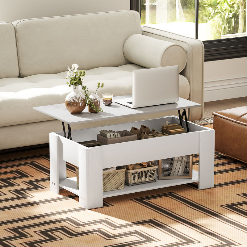 Table basse à plateau relevable avec compartiment de rangement caché et tablette blanche