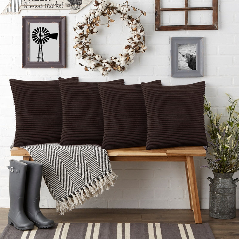 Shadwell Striped Square Scatter Crushed Velvet Cushion Cover, Coffee