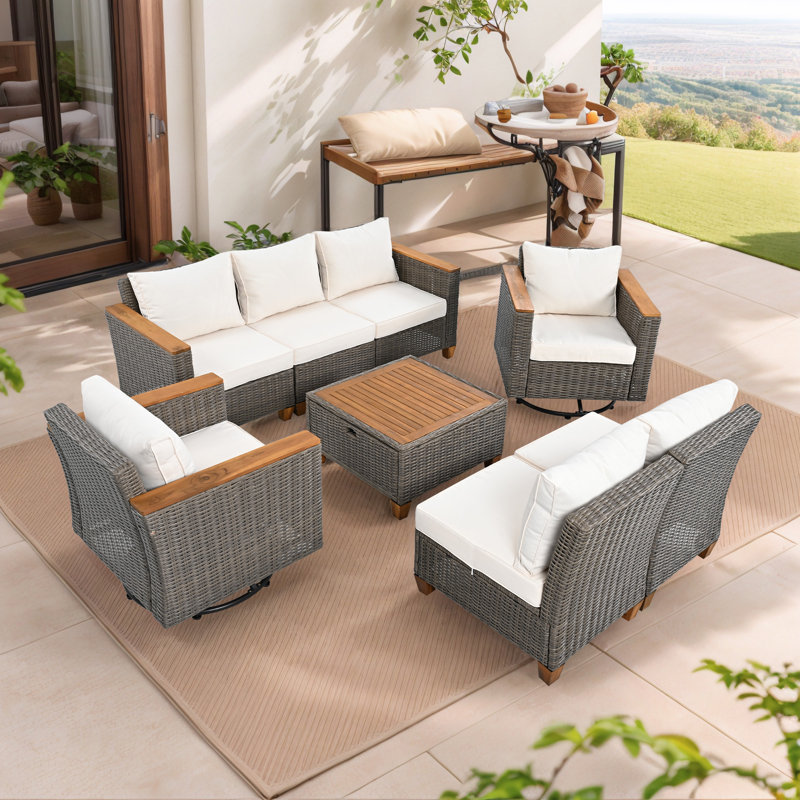 Ensemble de conversation d'extérieur en osier pour 7 personnes avec table basse et chaise berçante
