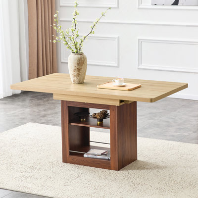 An Expandable Dining Table With Storage Space And A 59 Inch To 71 Inch Expandable Kitchen Dining Table. Wooden Rectangular Pull Table With Sturdy MDF Frame In Walnut Color,  Accommodating 4-8 People.