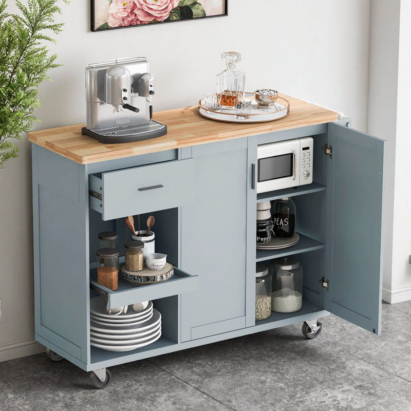 Îlot de cuisine en bois avec abattant, armoire et tablettes, Bleu