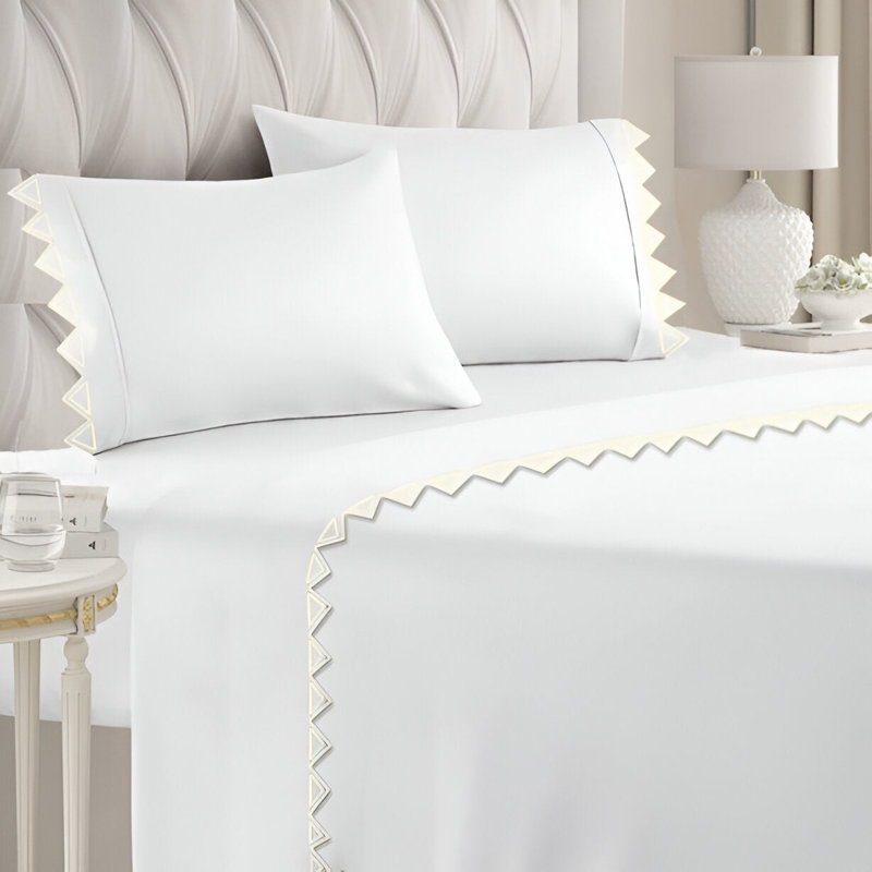 Ashley 400TC Cotton Traingle Embroidery Cotton 4 Piece Sheet Set Fitted Sheet Fits Upto 16" Deep Pocket, Ivory