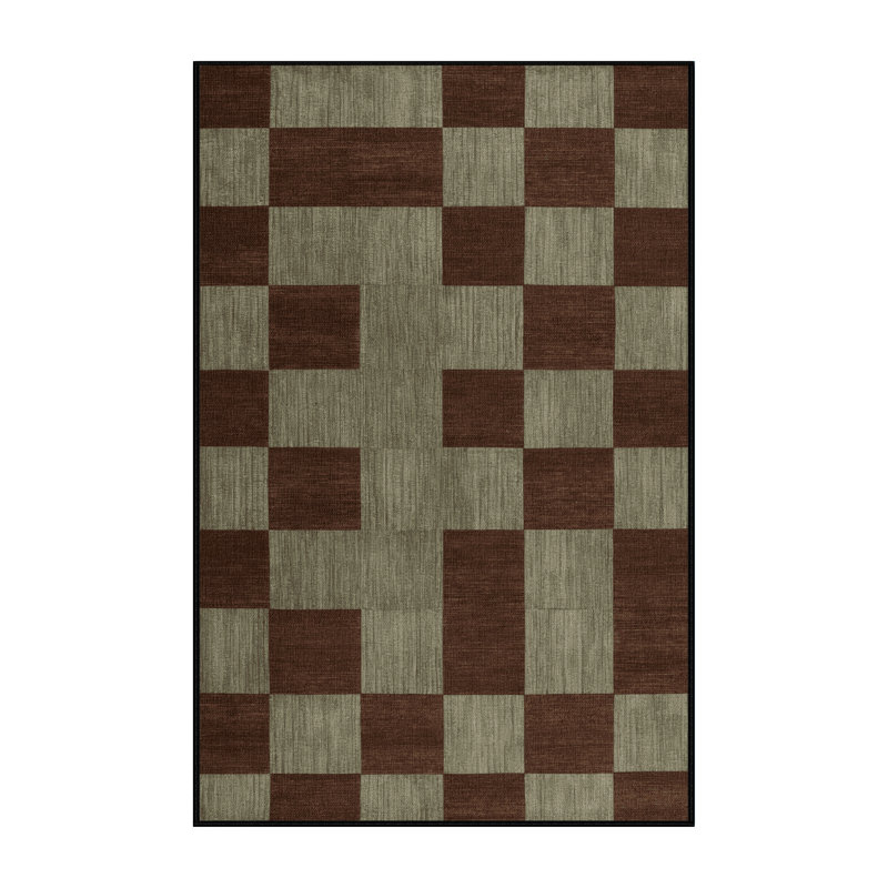 Machine Washable Checkered Brown Area Rug, Runner 2' x 4'