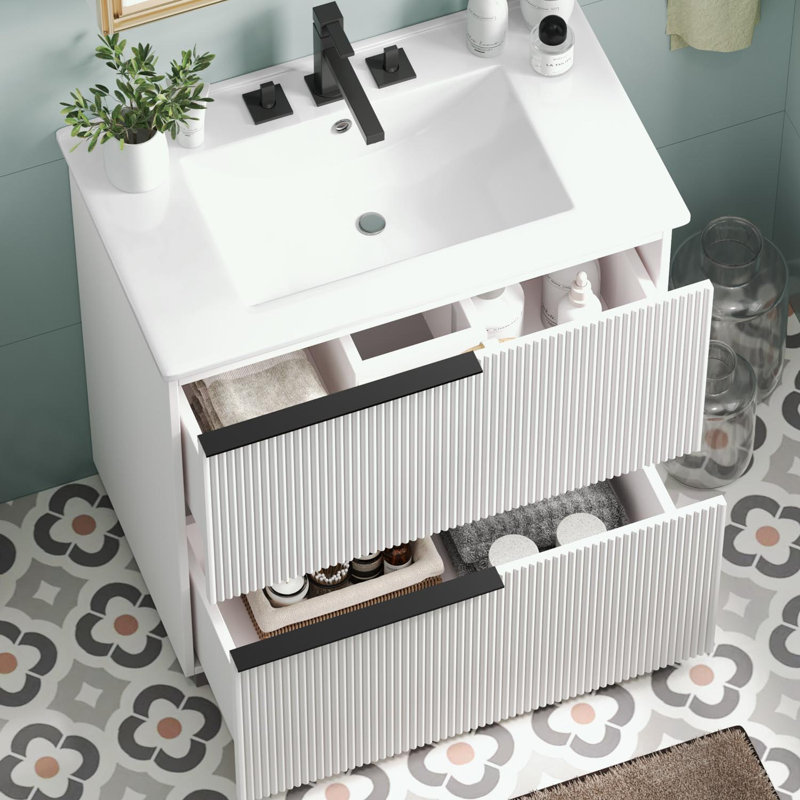 Bathroom Vanity with Ceramic Sink, 2 Drawers and metal handles, White