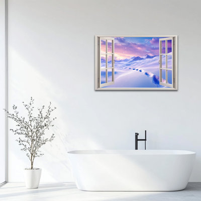Grande toile d'hiver vue de la fenêtre ouverte, paysage enneigé, image de scène d'hiver, affiche encadrée sur toile pour salon, chambre à coucher, bureau, décoration murale, 24 po x 32 po