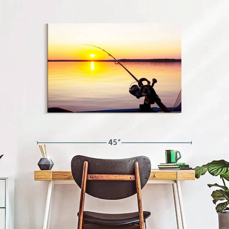 Pêche au coucher du soleil, H 26 po x l 39 po