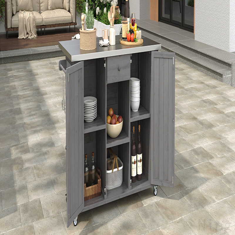Outdoor Kitchen Island Fir Wood Kitchen Island with Stainless Steel Top, Ample Storage Space, Towel and Spice Racks and a Bottle Opener for Outdoor, Grey