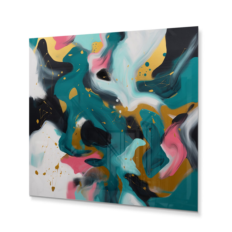 Turquoise et rose sérénité abstraite I - reproduction abstraite sur métal, H 36 po x l 36 po x P 1 po