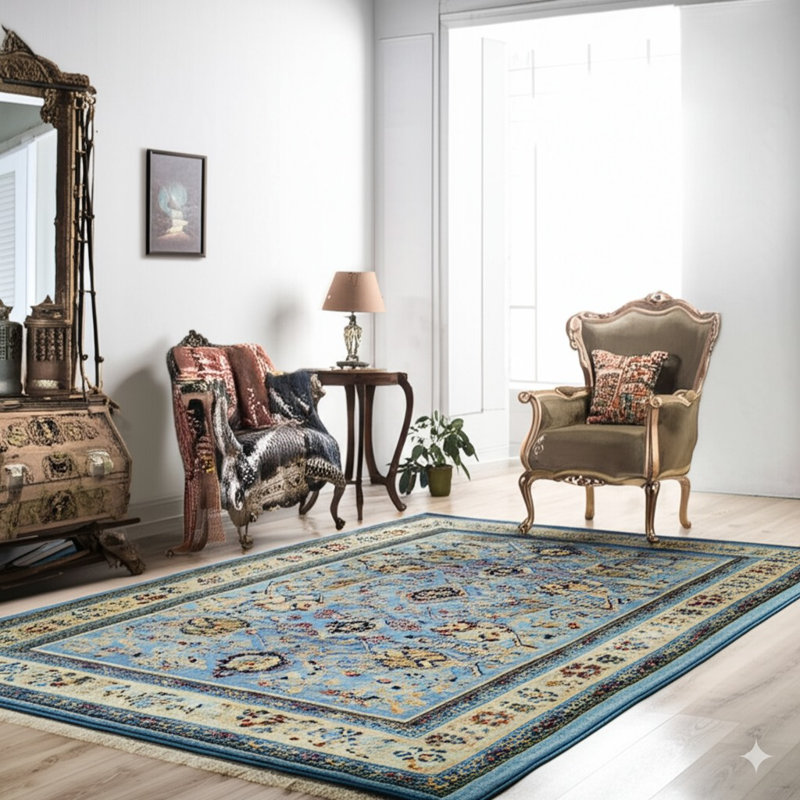 Tapis mohair traditionnel noué à la main bleu, Rectangle 9 pi x 12 pi