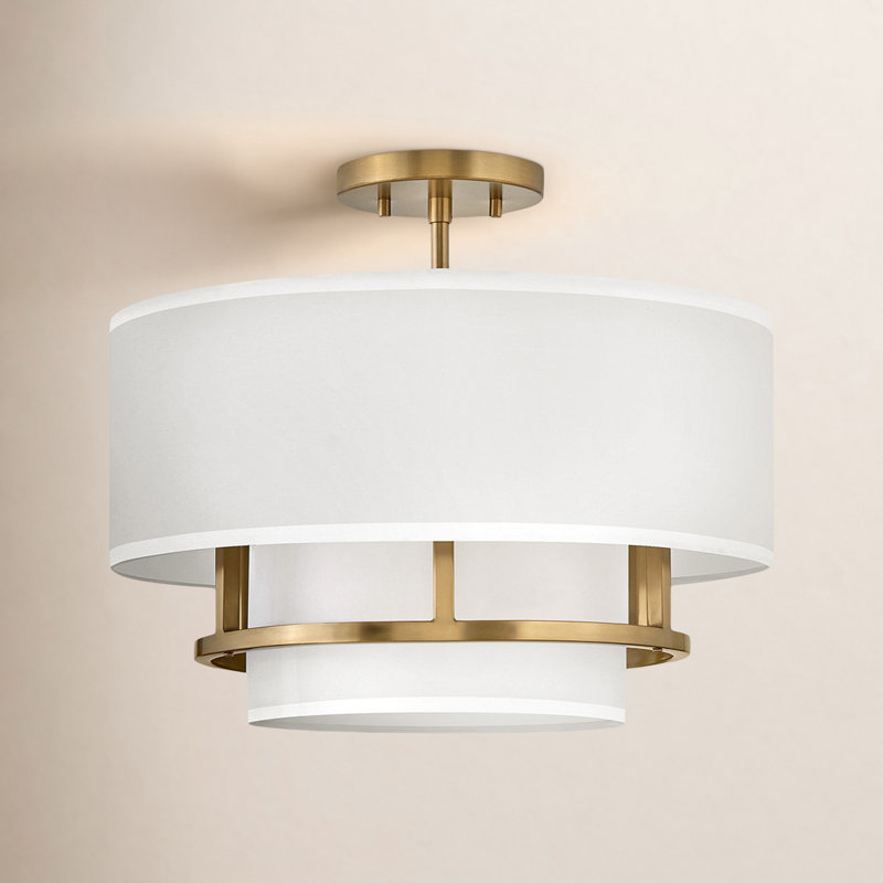 Graham Three-Light Semi-Flush Mount Ceiling Light w/ Faux Parchment Shades, Lacquered Brass