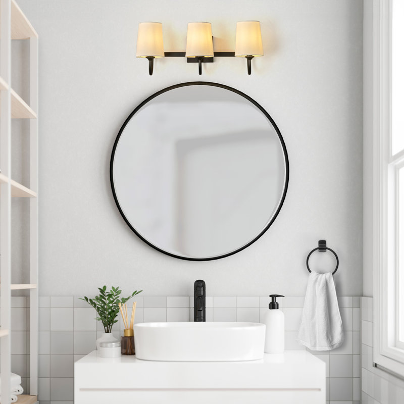 Ensemble de salle de bain 5 pièces tout-en-un noir mat avec éclairage de meuble-lavabo 3 lumières 22 po et abat-jour en lin humide