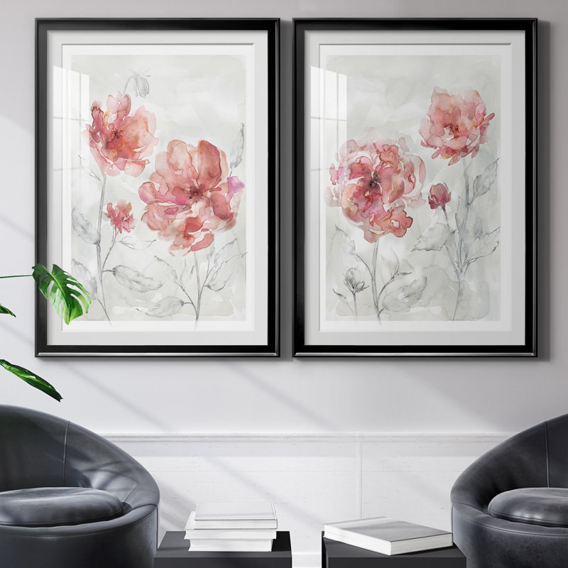 «Blush Botanical I», ensemble de 2 reproductions d'art, Papier encadré noir, Blanc, H 30,5 po x l 85 po x P 1,5 po