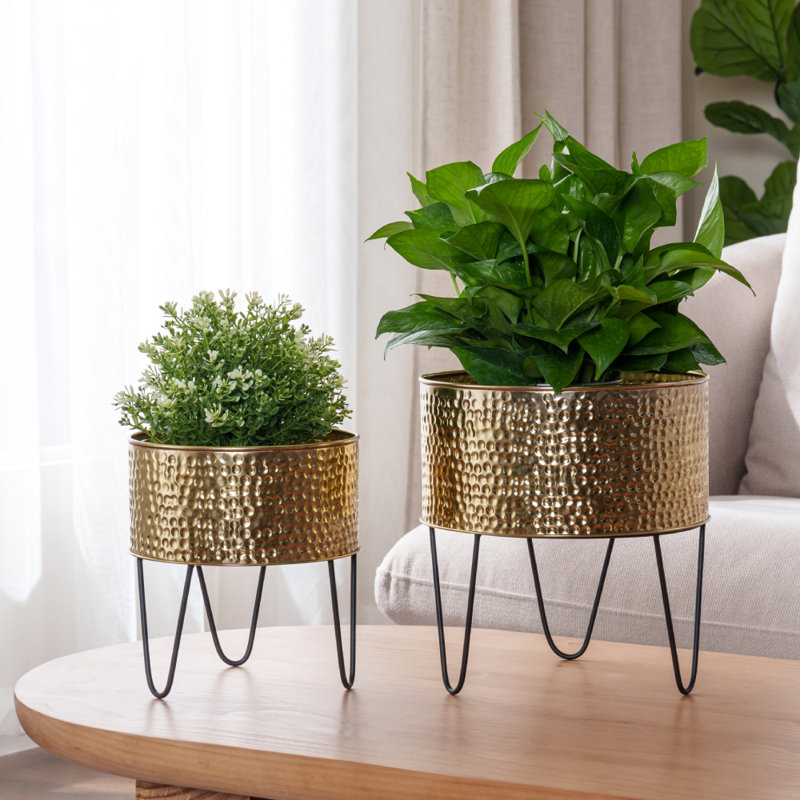 Ensemble de 2 pots à fleurs en métal avec supports - pots de plantes d'intérieur martelés (8 et 10 pouces)