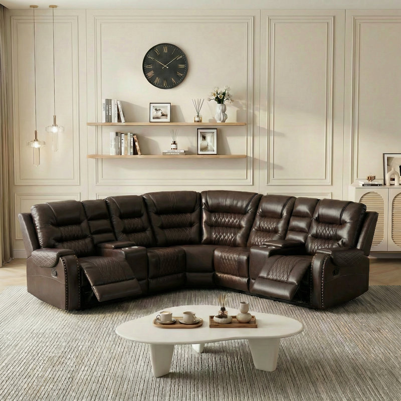 Canapé modulaire inclinable manuel en cuir synthétique 3 pièces, avec porte-gobelet et console, Brun