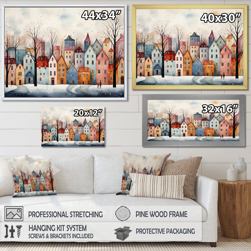 Multicolor Frosty City In Winter III - Art mural paysage d'hiver, Cadre doré à coins fermés, H 30 po x l 40 po x P 1,5 po