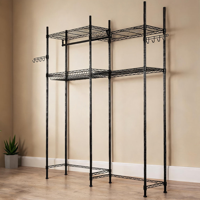 Étagère de rangement réglable à 4 niveaux, organisateur de rangement pour la salle de lavage avec barre de suspension et crochets