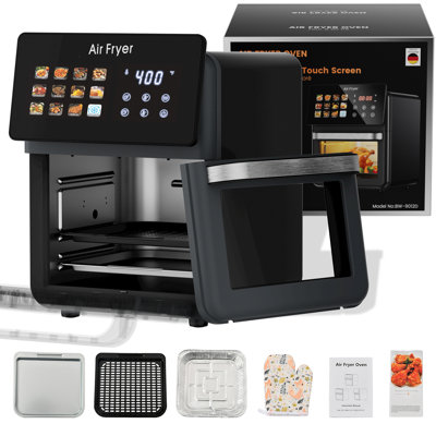 Grand four à friteuse à air comprimé noir de 10 L avec grille Combo AboveMoon, pour fours à convection intelligents 12 en 1, séchoir à air avec fenêtre vitrée, panier antiadhésif, doublures de friteuse, porte amovible - noir