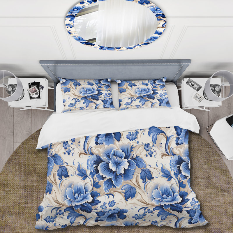 Literie bleue à motif victorien à volutes victoriennes II, Housse de couette pour très grand lit et 2 très