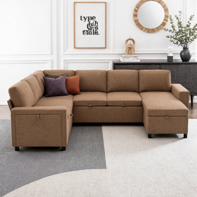 U-Shaped Convertible Sectional Sofa Bed with Storage, USB Charger & Cup Holders, Chenille Upholstered Sleeper Couch for Living Room, 7-Seat Spacious Design with Hidden Storage