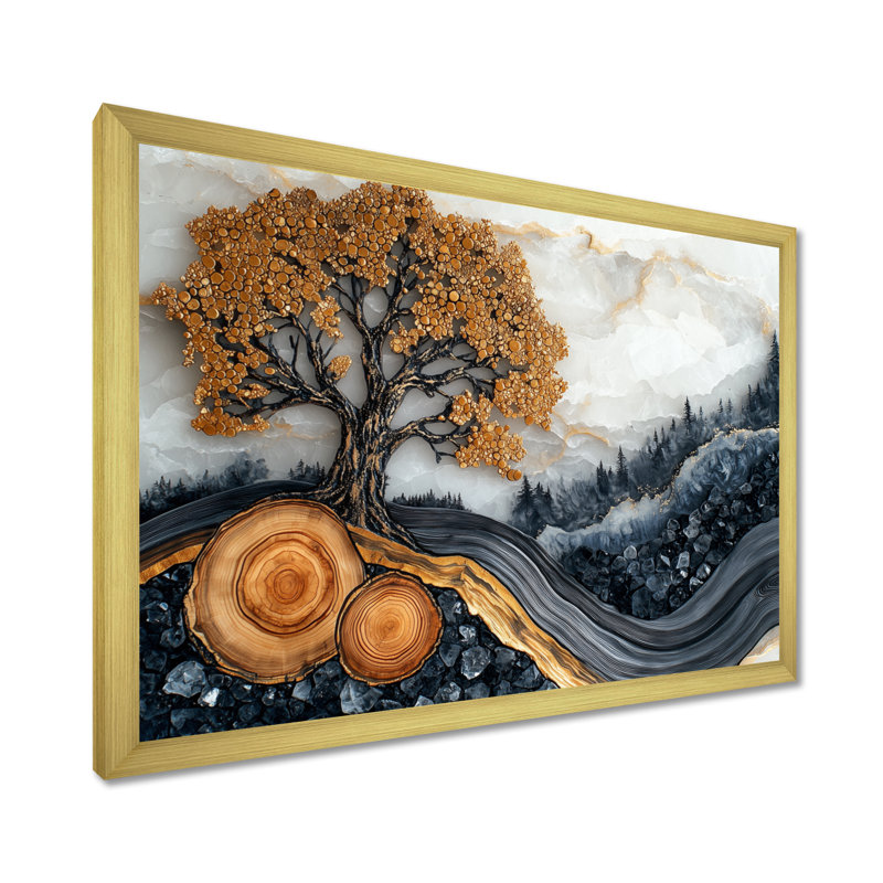 Arbre d'automne cerisier en fleurs dans les bois I - décoration murale fleur de cerisier, H 24 po x l 32 po, Doré, Avec cadre