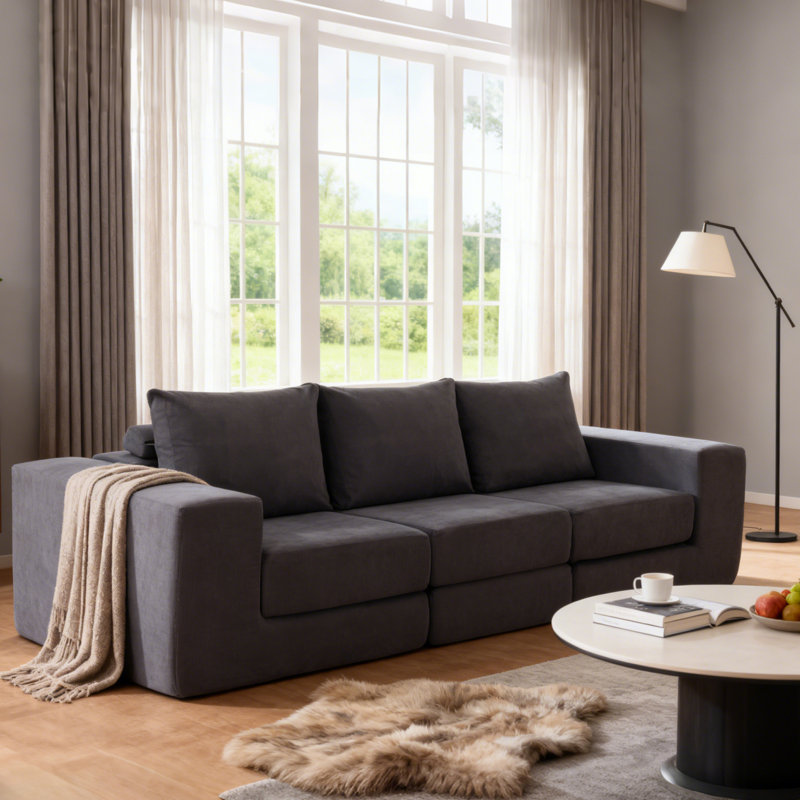 Boneless 110" Large Convertible Sectional Corduroy Sofa, No Assembly Required, Gray Corduroy