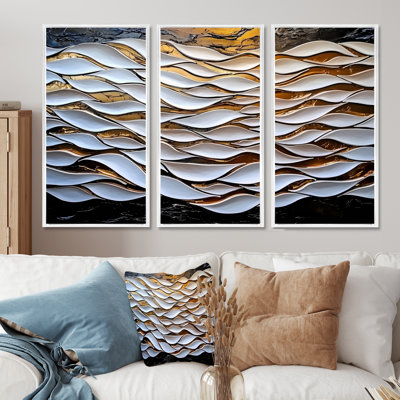 Cubic Wave White And Golden Underwater III - Abstract Cubism Wall Art Set