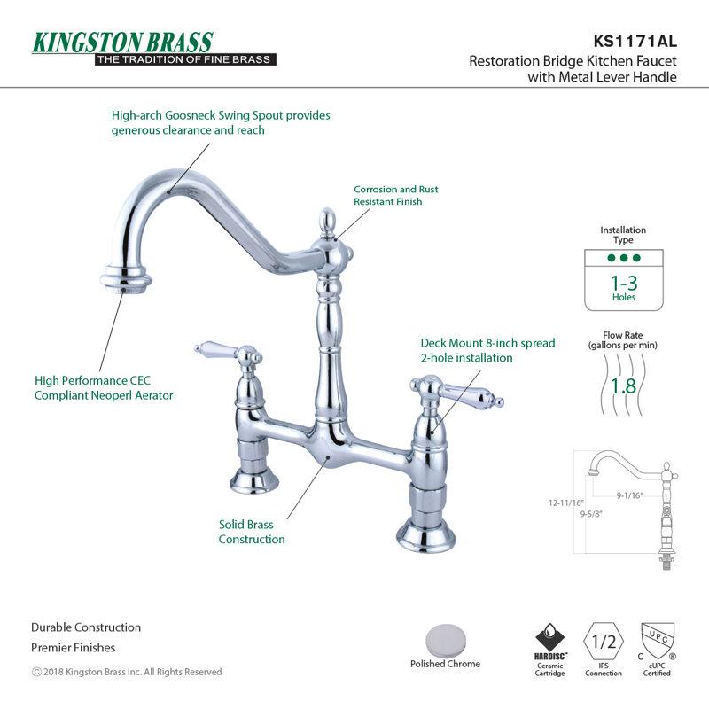 Kingston Brass Heritage Two-Handle 2-Hole Deck Mount Bridge Kitchen Faucet, Polished Chrome