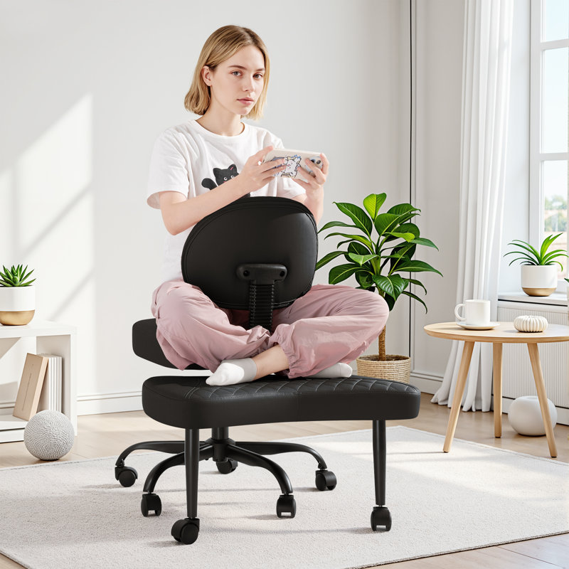 Ergonomic Cross Legged Meditation Chair, 360° Swivel Office Chair With Wheels, ADHD Chair With Footrest, Lumbar Support, Wider Height Adjustable Backrest And Seat, Faux Leather Kneeling Chair For Yoga