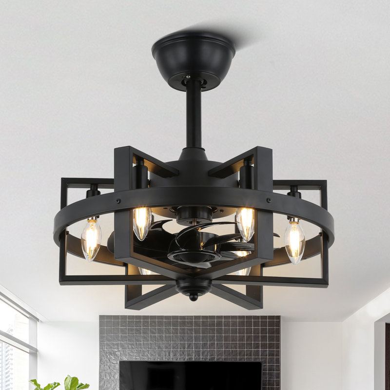 Yursa 18" Industrial Black Caged Ceiling Fan with Lights and Remote Control, Reversible DC Motor Fandelier Ceiling Fan
