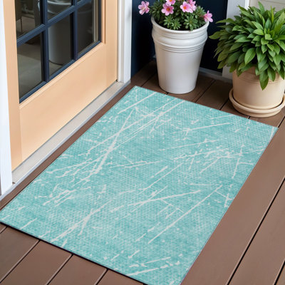 Tapis d'extérieur lavable abstrait bleu sarcelle et ivoire 3 pi x 5 pi