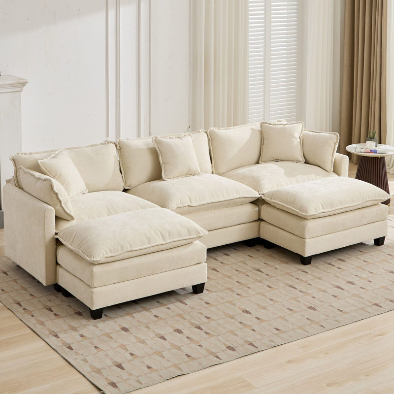 Schmucker U Shaped Modular Sectional Sofa, Oversized Cloud Couch With Ottoman, Beige Chenille, 33" H x 113.8" W x 35" D