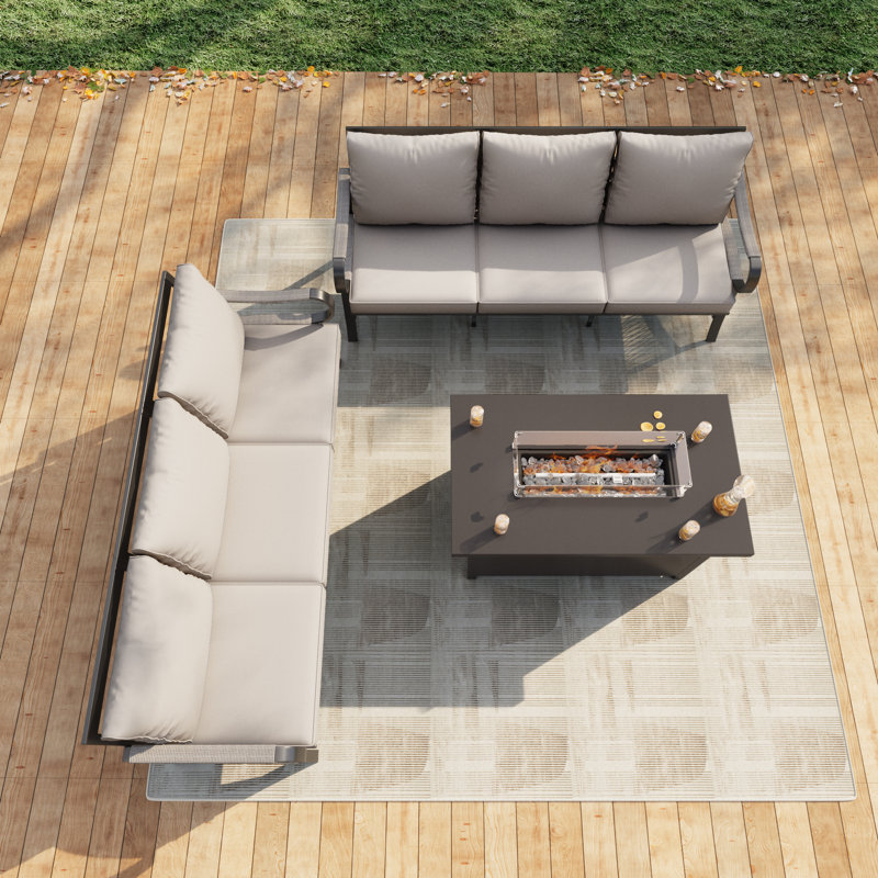 3-Piece Outdoor Sofa Set With Fire Pit Table, Patio Conversation Furniture Set For 6, Beige Cushion, Beige
