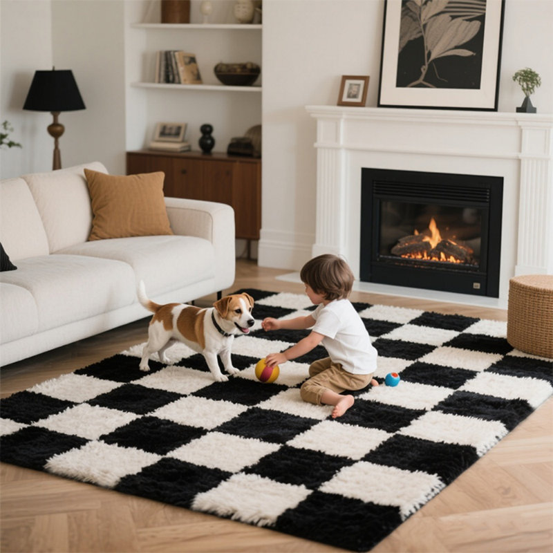Modern Black and White Checkered Shag Rug, Soft Plush Carpet for Living Room, Bedroom and Dorm, Rectangle 4' x 6'
