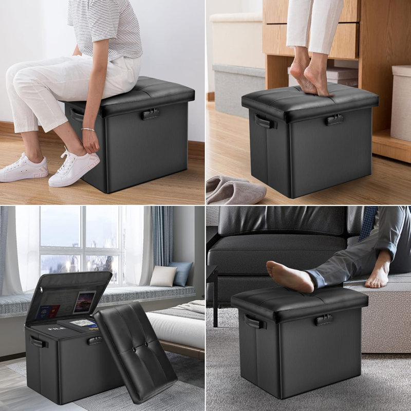 Black Fireproof PVC Leather Storage Ottoman with Lock