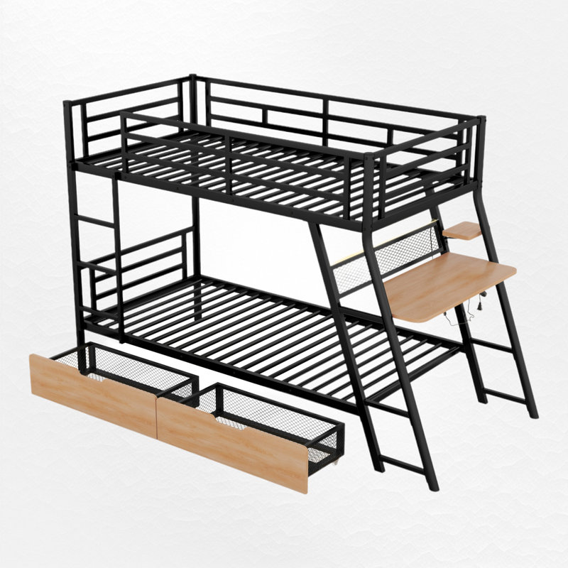 Zillah Metal Bunk Bed with Built-in Desk, Drawers and LED Light, Twin over Twin, Black/Oak