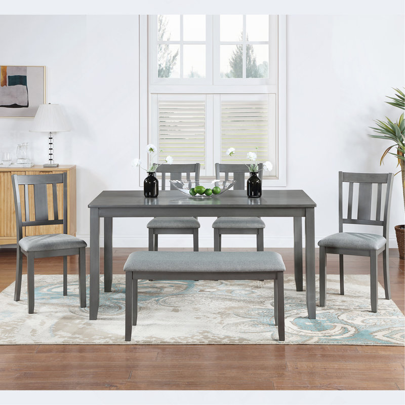 Ensemble de salle à manger de cuisine 6 pièces, table de salle à manger rectangulaire en bois avec 4 chaises rembourrées et un banc, ensemble de table de salle à manger pour 6 personnes, salon, bar et cuisine, gris