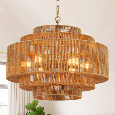 8-light Boho Hand Woven Drum Rattan Chandelier
