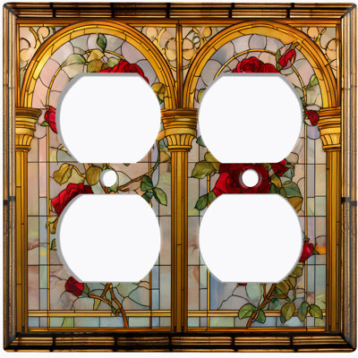 Couvercle de plaque d'interrupteur en métal; Impression recto-verso US à 2 bandes - image imprimée de roses en verre coloré