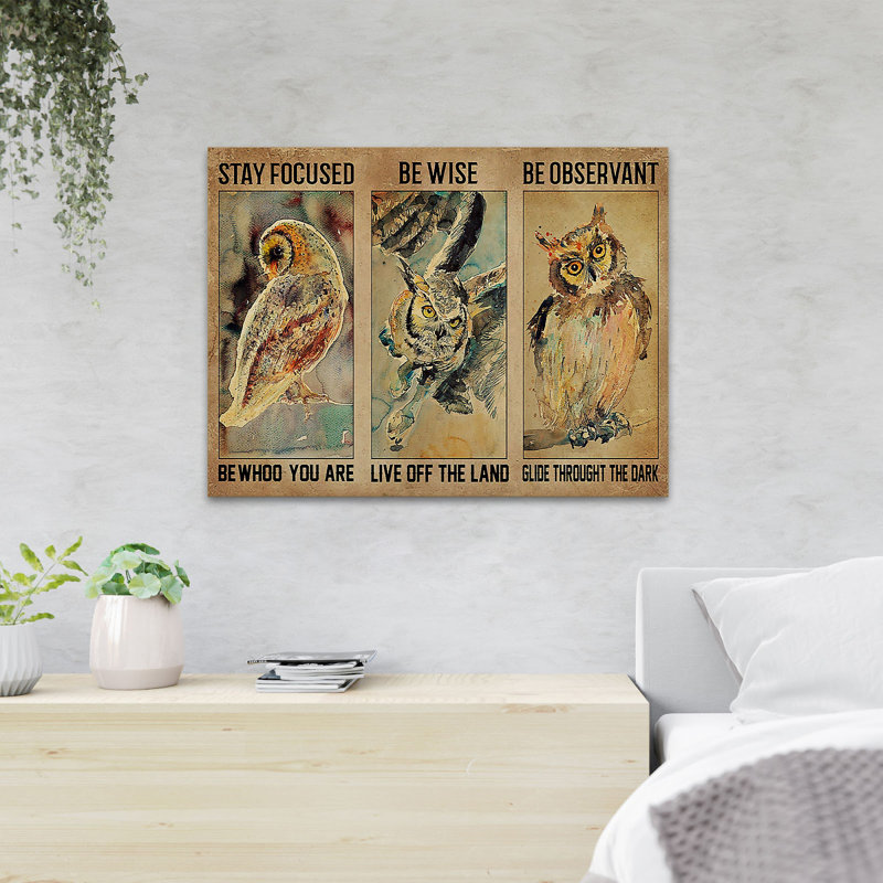 An Owl - Stay Focus Be Wise Be Observant - 1 pièce, impression d'art graphique rectangulaire sur toile tendue